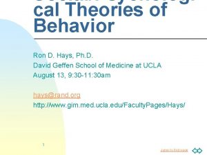 SocialPsychologi cal Theories of Behavior Ron D Hays