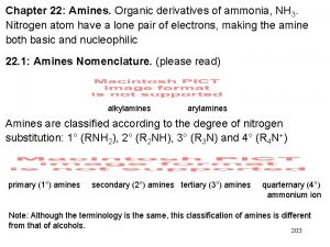 Chapter 22 Amines Organic derivatives of ammonia NH