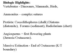 Biologic Highlights Vertebrates Dinosaurs Mammals Birds Ammonites complex