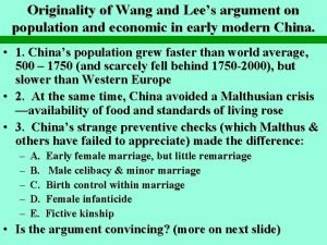 Originality of Wang and Lees argument on population