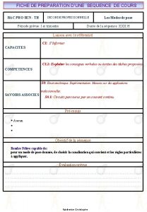 FICHE DE PREPARATION DUNE SEQUENCE DE COURS BAC