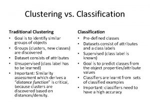 Clustering vs Classification Traditional Clustering Classification Goal is