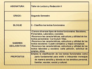 ASIGNATURA Taller de Lectura y Redaccin II GRADO