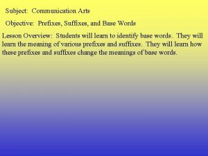 Subject Communication Arts Objective Prefixes Suffixes and Base