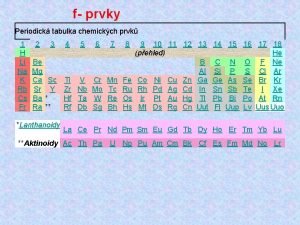 f prvky Periodick tabulka chemickch prvk 1 H
