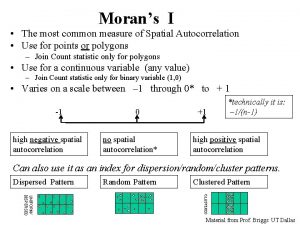 Morans I The most common measure of Spatial