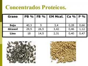 Concentrados Proteicos Grano PB FB EM Mcal Ca