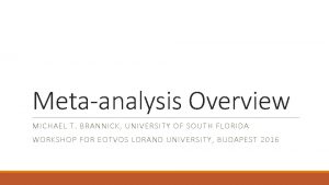 Metaanalysis Overview MICHAEL T BRANNICK UNIVERSITY OF SOUTH