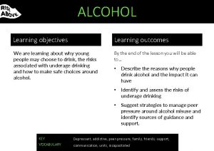 ALCOHOL Learning objectives Learning outcomes We are learning