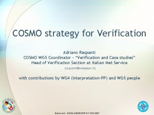 COSMO strategy for Verification Adriano Raspanti COSMO WG