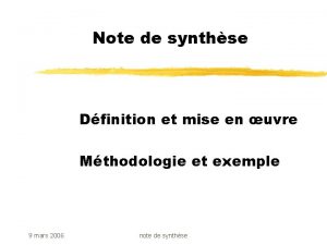 Note de synthse Dfinition et mise en uvre