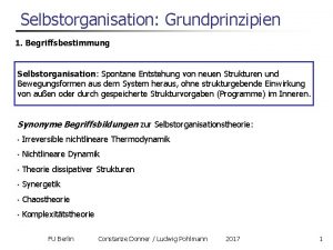 Selbstorganisation Grundprinzipien 1 Begriffsbestimmung Selbstorganisation Spontane Entstehung von