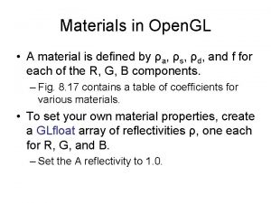 Materials in Open GL A material is defined