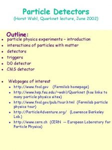 Particle Detectors Horst Wahl Quarknet lecture June 2002