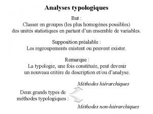 Analyses typologiques But Classer en groupes les plus