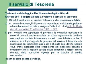 Il servizio di Tesoreria Testo unico delle leggi