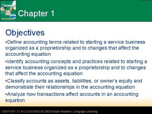Chapter 1 Objectives Define accounting terms related to