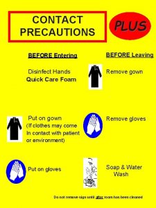 CONTACT PRECAUTIONS BEFORE Entering PLUS BEFORE Leaving Disinfect