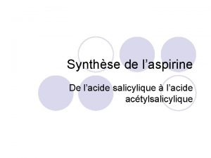 Synthse de laspirine De lacide salicylique lacide actylsalicylique