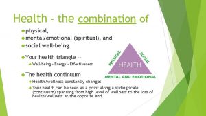 The combination of physical, mental and social well-being.