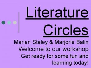 Literature Circles Marian Staley Marjorie Balin Welcome to