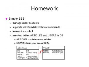 Homework u Simple BBS manages user accounts supports