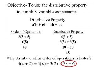 Objective To use the distributive property to simplify