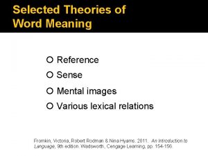 Selected Theories of Word Meaning Reference Sense Mental