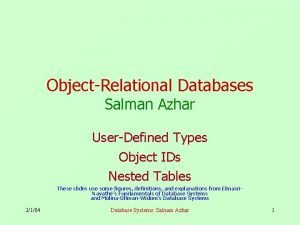ObjectRelational Databases Salman Azhar UserDefined Types Object IDs