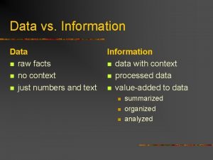 Data vs Information Data n raw facts n