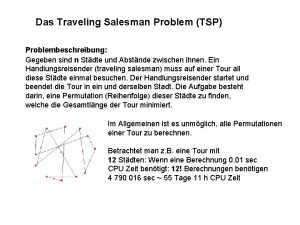 Das Traveling Salesman Problem TSP Problembeschreibung Gegeben sind