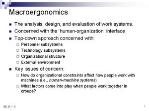 Macroergonomics n n n The analysis design and