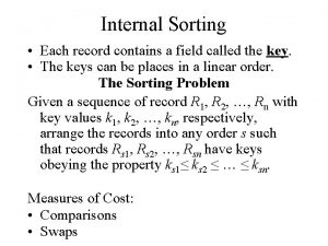 Sorting Types of Sorting Internal Sort Main Memory