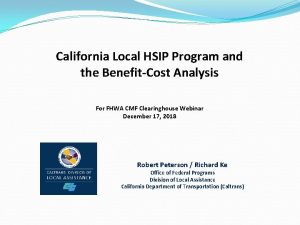 California Local HSIP Program and the BenefitCost Analysis