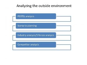 Analyzing the outside environment PESTEL analysis Scenario planning