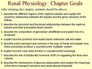 Renal Physiology Chapter Goals After studying this chapter