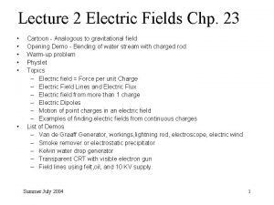 Lecture 2 Electric Fields Chp 23 Cartoon Analogous