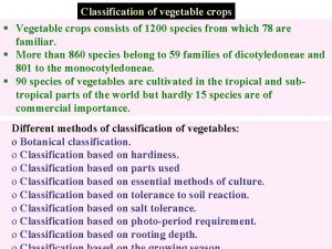 Classification of vegetable crops Vegetable crops consists of