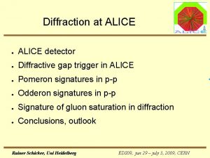 Diffraction at ALICE ALICE detector Diffractive gap trigger Diffraction at ALICE ALICE detector Diffractive gap trigger