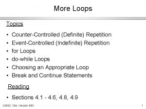 More Loops Topics CounterControlled Definite Repetition EventControlled Indefinite