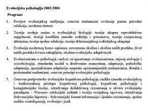 Evolucijska psihologija 20032004 Program 1 Povijest evolucijskog miljenja