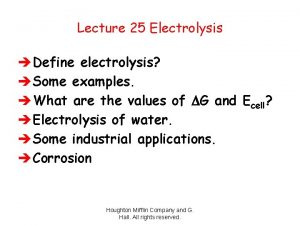 Lecture 25 Electrolysis Define electrolysis Some examples What