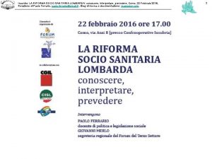 Incontro LA RIFORMA SOCIO SANITARIA LOMBARDA conoscere interpretare