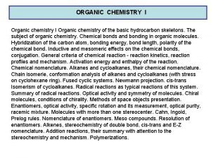 ORGANIC CHEMISTRY I Organic chemistry of the basic