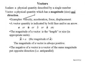 Vectors Scalars a physical quantity described by a