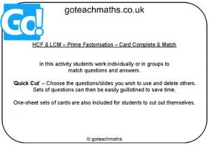 HCF LCM Prime Factorisation Card Complete Match In