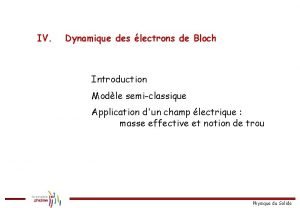 IV Dynamique des lectrons de Bloch Introduction Modle