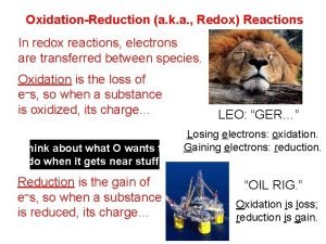 OxidationReduction a k a Redox Reactions In redox