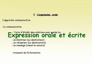 I Lexpression orale Lapproche communicative La communication Expression