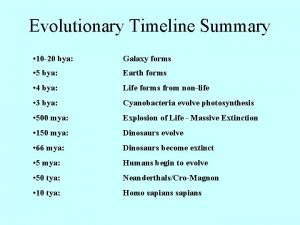 Evolutionary Timeline Summary 10 20 bya Galaxy forms